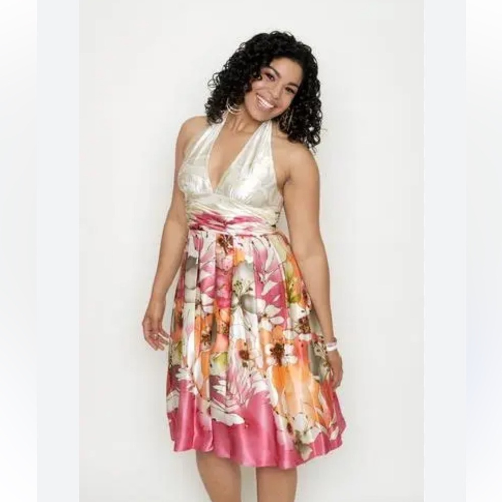 ADRIANNA PAPELL Halter Midi Dress Floral Sequin Silk Gown Size 6